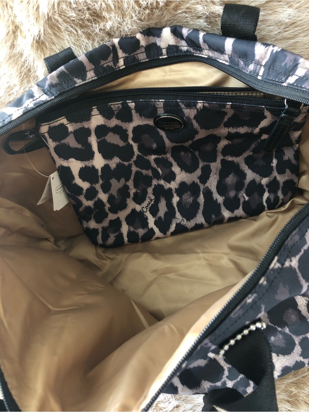 Coach Leopard-Print Nylon Travel Tote | Black, Gray, Taupe | NWT - Picture 11 of 11